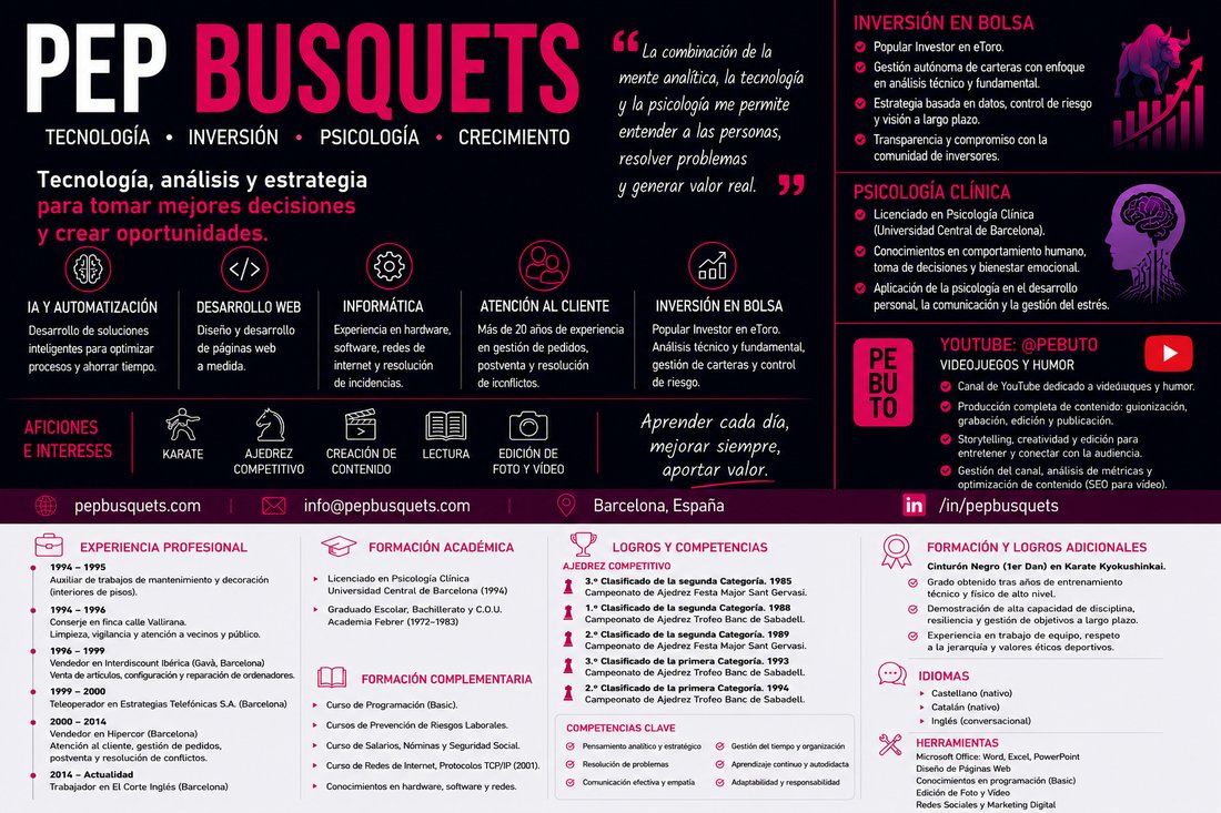 Pep Busquets: tecnología, inversión, psicología y crecimiento. Perfil profesional con experiencia, formación y logros.