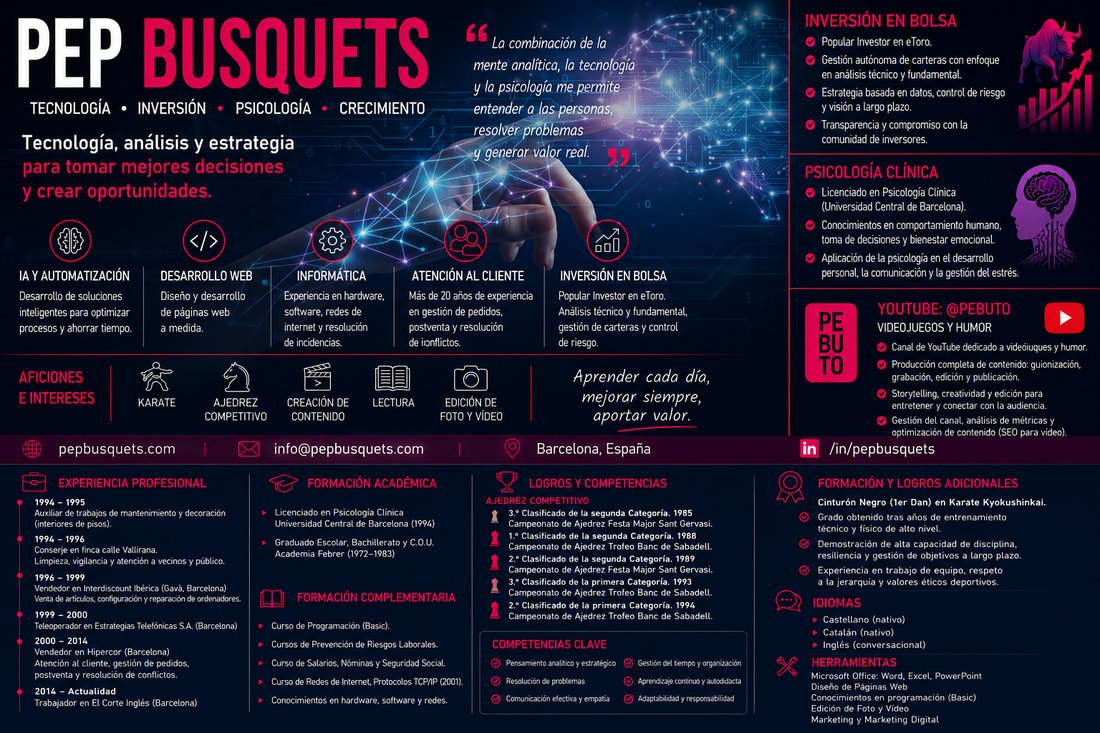 Pep Busquets: tecnología, inversión, psicología y crecimiento. Perfil profesional con experiencia, formación y logros.